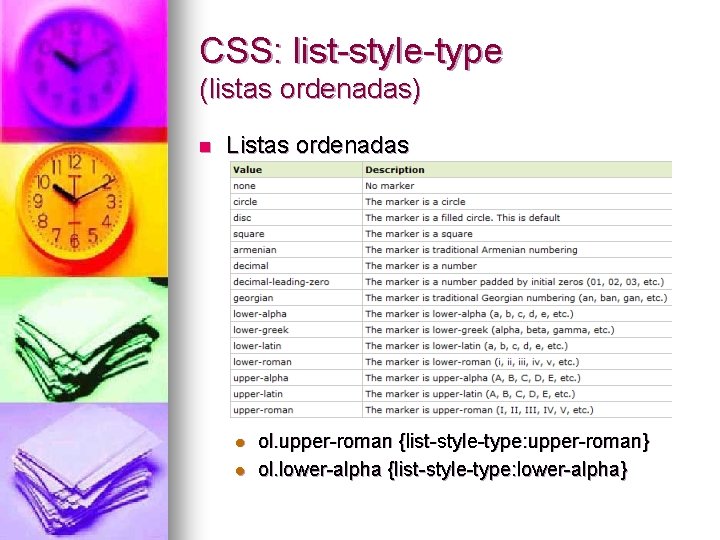 CSS: list-style-type (listas ordenadas) n Listas ordenadas l l ol. upper-roman {list-style-type: upper-roman} ol.