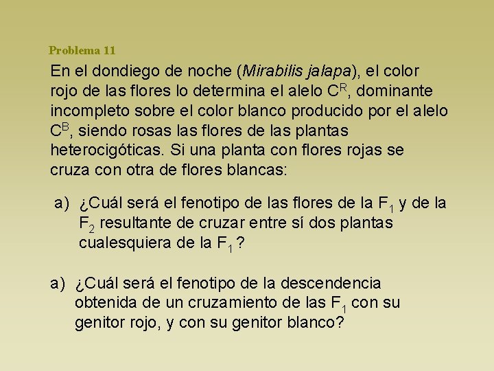 Problema 11 En el dondiego de noche (Mirabilis jalapa), el color rojo de las