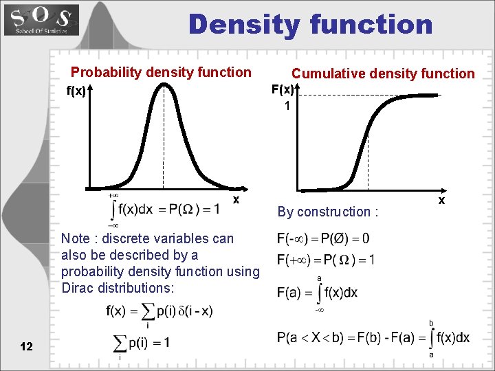 Density function Probability density function F(x) 1 f(x) x Note : discrete variables can