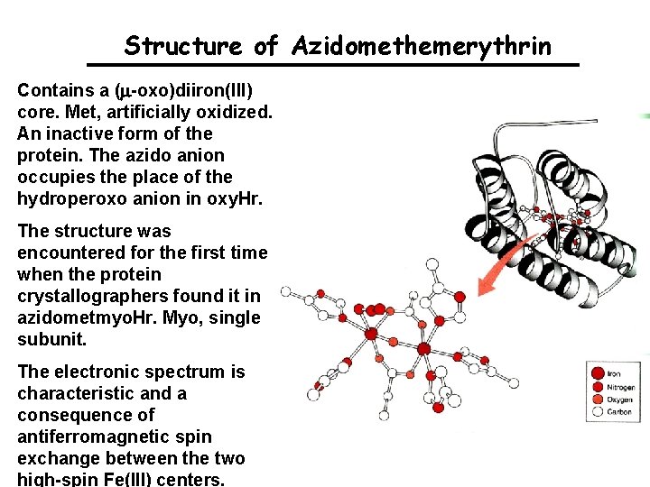 Structure of Azidomethemerythrin Contains a (m-oxo)diiron(III) core. Met, artificially oxidized. An inactive form of
