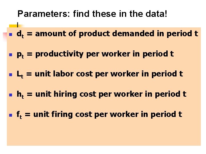 Parameters: find these in the data! n dt = amount of product demanded in