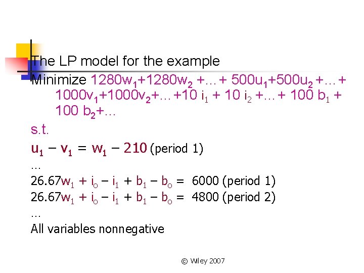 The LP model for the example Minimize 1280 w 1+1280 w 2 +…+ 500