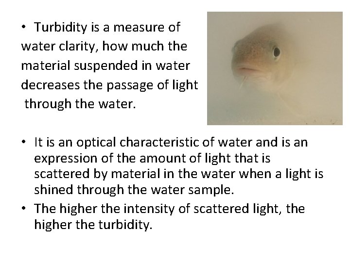  • Turbidity is a measure of water clarity, how much the material suspended