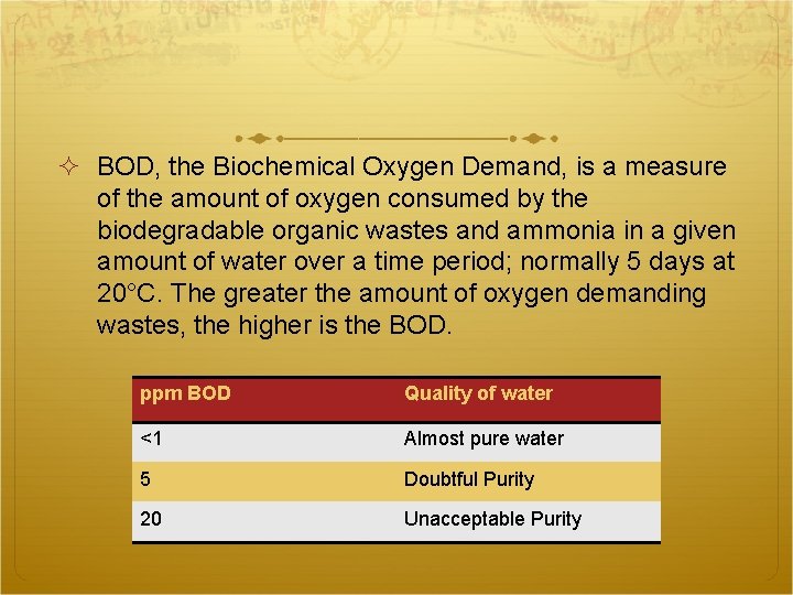  BOD, the Biochemical Oxygen Demand, is a measure of the amount of oxygen