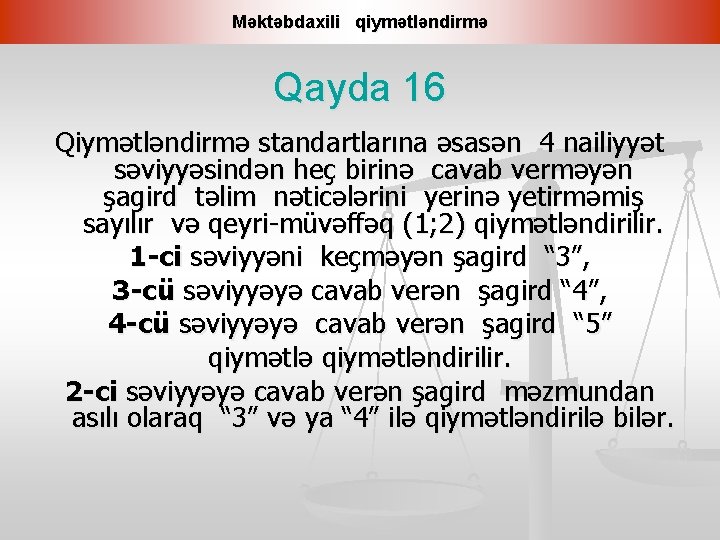 Məktəbdaxili qiymətləndirmə Qayda 16 Qiymətləndirmə standartlarına əsasən 4 nailiyyət səviyyəsindən heç birinə cavab verməyən