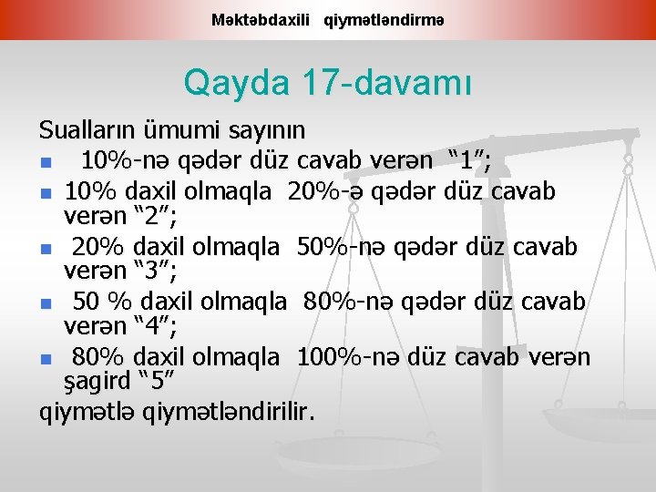 Məktəbdaxili qiymətləndirmə Qayda 17 -davamı Sualların ümumi sayının n 10%-nə qədər düz cavab verən