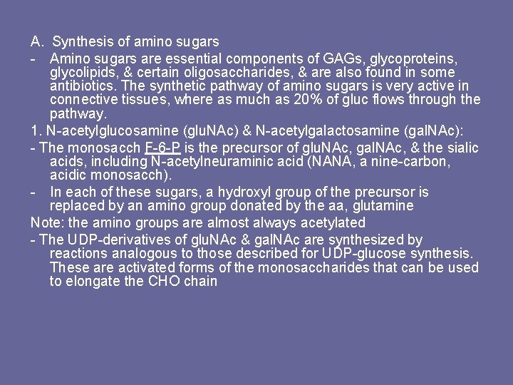 A. Synthesis of amino sugars - Amino sugars are essential components of GAGs, glycoproteins,