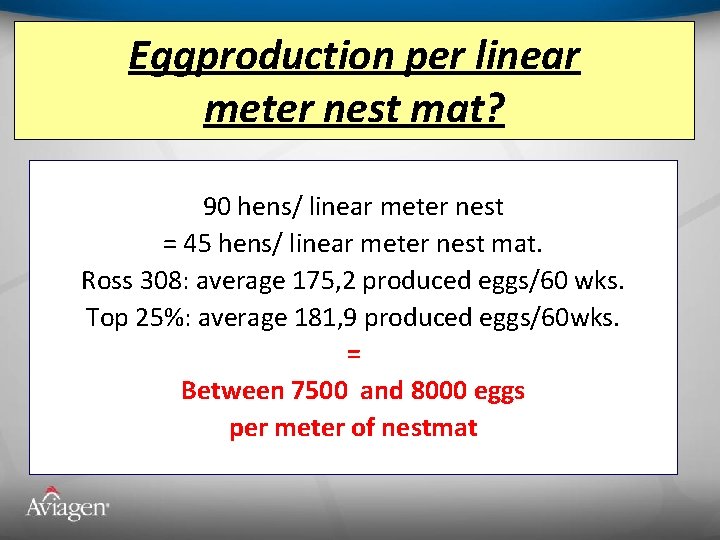 Eggproduction per linear meter nest mat? 90 hens/ linear meter nest = 45 hens/