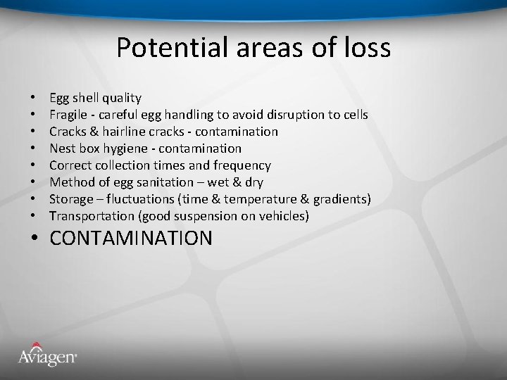 Potential areas of loss • • Egg shell quality Fragile - careful egg handling