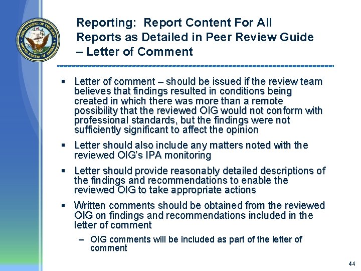 Reporting: Report Content For All Reports as Detailed in Peer Review Guide – Letter