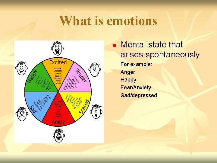 What is emotions n Mental state that arises spontaneously For example: Anger Happy Fear/Anxiety