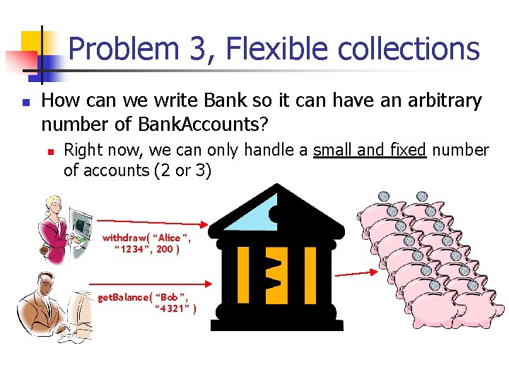 Problem 3, Flexible collections n How can we write Bank so it can have