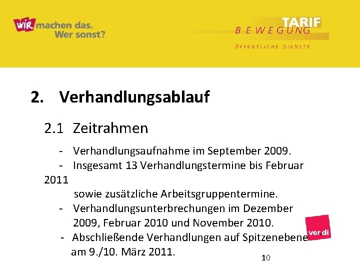 2. Verhandlungsablauf 2. 1 Zeitrahmen - Verhandlungsaufnahme im September 2009. - Insgesamt 13 Verhandlungstermine