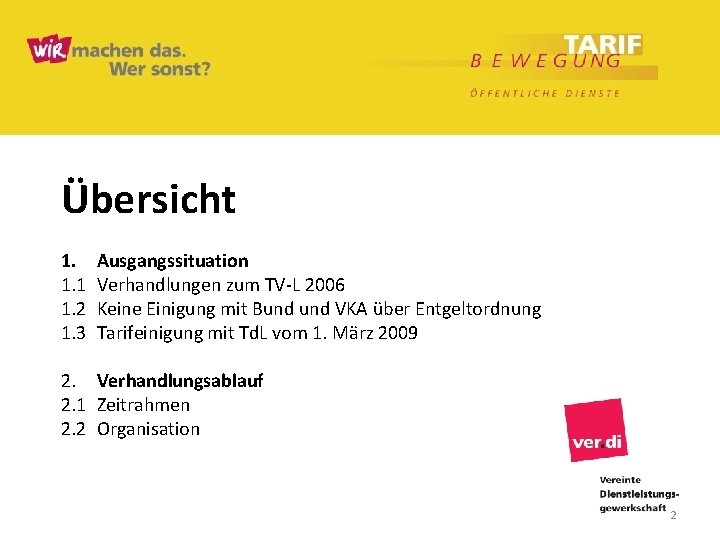 Übersicht 1. 1. 1 1. 2 1. 3 Ausgangssituation Verhandlungen zum TV-L 2006 Keine