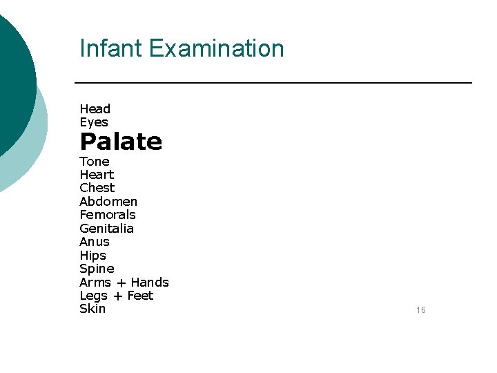 Infant Examination Head Eyes Palate Tone Heart Chest Abdomen Femorals Genitalia Anus Hips Spine