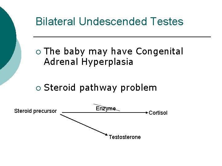 Bilateral Undescended Testes ¡ ¡ The baby may have Congenital Adrenal Hyperplasia Steroid pathway