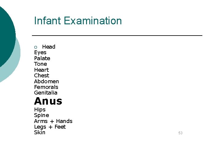 Infant Examination Head Eyes Palate Tone Heart Chest Abdomen Femorals Genitalia ¡ Anus Hips