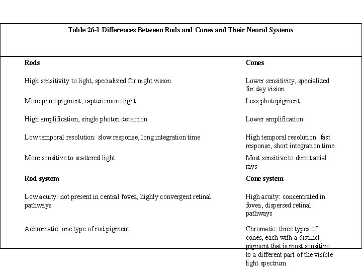 Table 26 -1 Differences Between Rods and Cones and Their Neural Systems Rods Cones