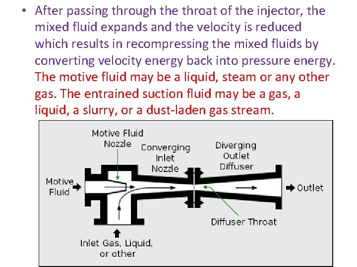  • After passing through the throat of the injector, the mixed fluid expands