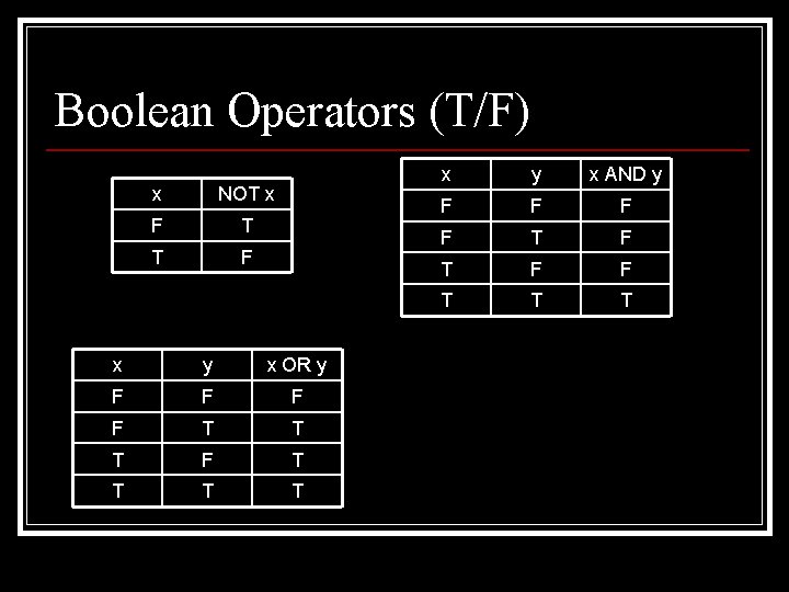 Boolean Operators (T/F) x NOT x F T T F x y x OR Boolean Operators (T/F) x NOT x F T T F x y x OR