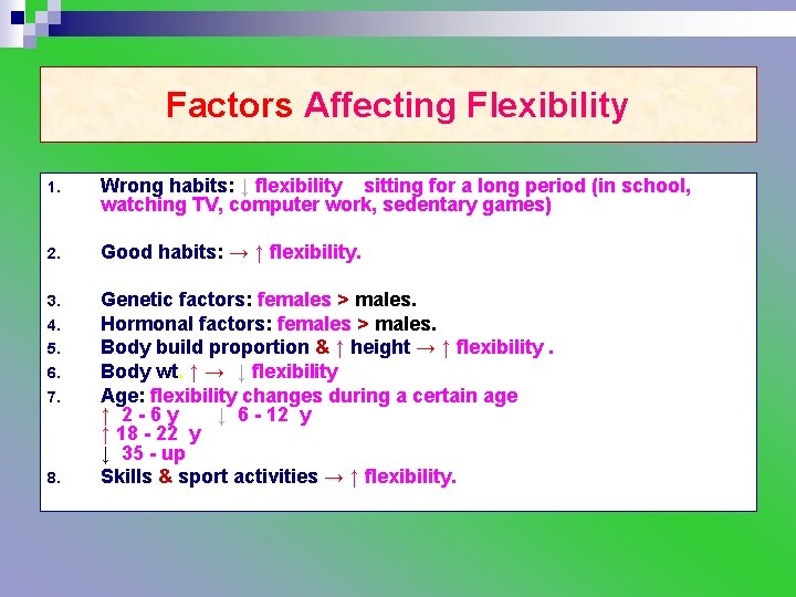 Factors Affecting Flexibility 1. Wrong habits: ↓ flexibility sitting for a long period (in