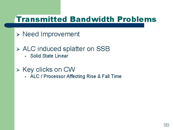 Transmitted Bandwidth Problems Ø Need Improvement Ø ALC induced splatter on SSB § Ø