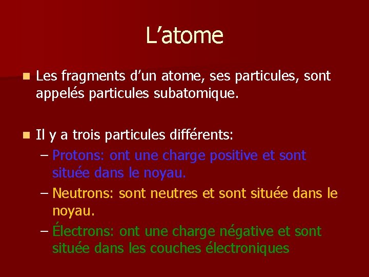 L’atome n Les fragments d’un atome, ses particules, sont appelés particules subatomique. n Il