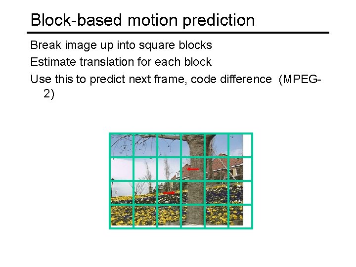 Block-based motion prediction Break image up into square blocks Estimate translation for each block