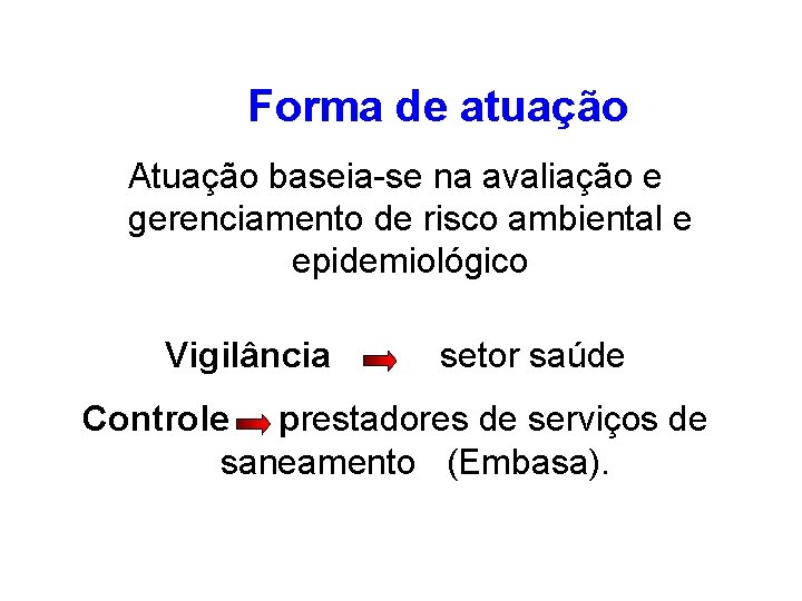 Forma de atuação Atuação baseia-se na avaliação e gerenciamento de risco ambiental e epidemiológico