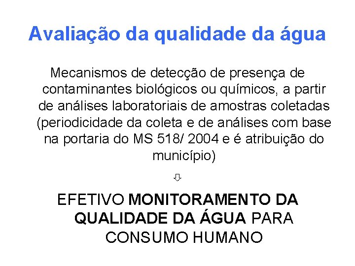 Avaliação da qualidade da água Mecanismos de detecção de presença de contaminantes biológicos ou