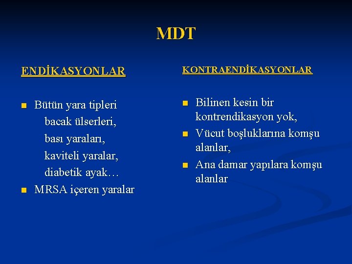 MDT ENDİKASYONLAR n n Bütün yara tipleri bacak ülserleri, bası yaraları, kaviteli yaralar, diabetik