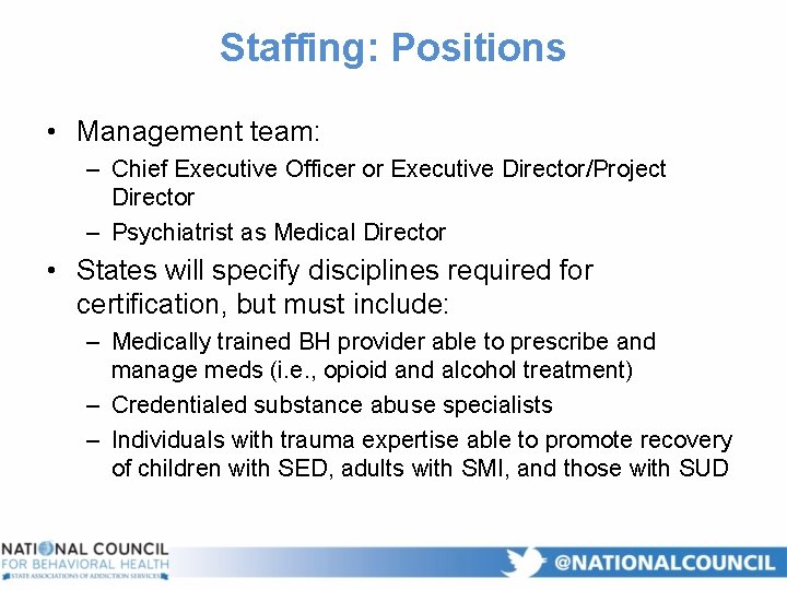 Staffing: Positions • Management team: – Chief Executive Officer or Executive Director/Project Director –