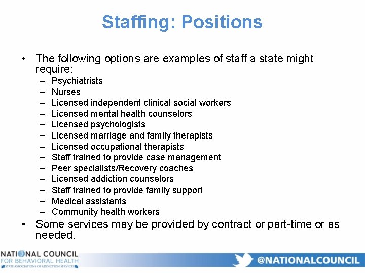 Staffing: Positions • The following options are examples of staff a state might require: