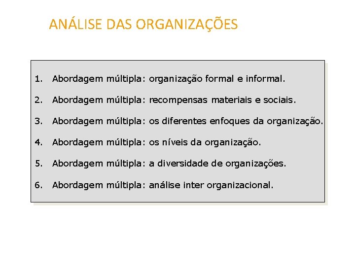 ANÁLISE DAS ORGANIZAÇÕES 1. Abordagem múltipla: organização formal e informal. 2. Abordagem múltipla: recompensas