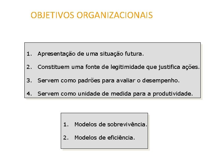 OBJETIVOS ORGANIZACIONAIS 1. Apresentação de uma situação futura. 2. Constituem uma fonte de legitimidade OBJETIVOS ORGANIZACIONAIS 1. Apresentação de uma situação futura. 2. Constituem uma fonte de legitimidade