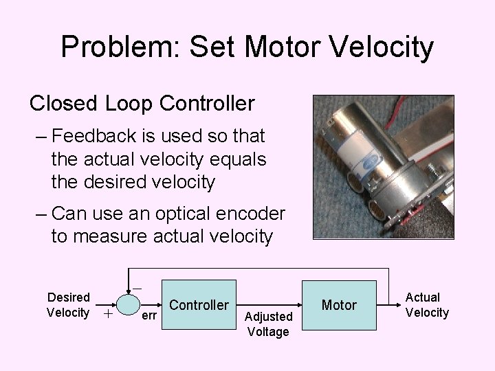 Problem: Set Motor Velocity Closed Loop Controller – Feedback is used so that the