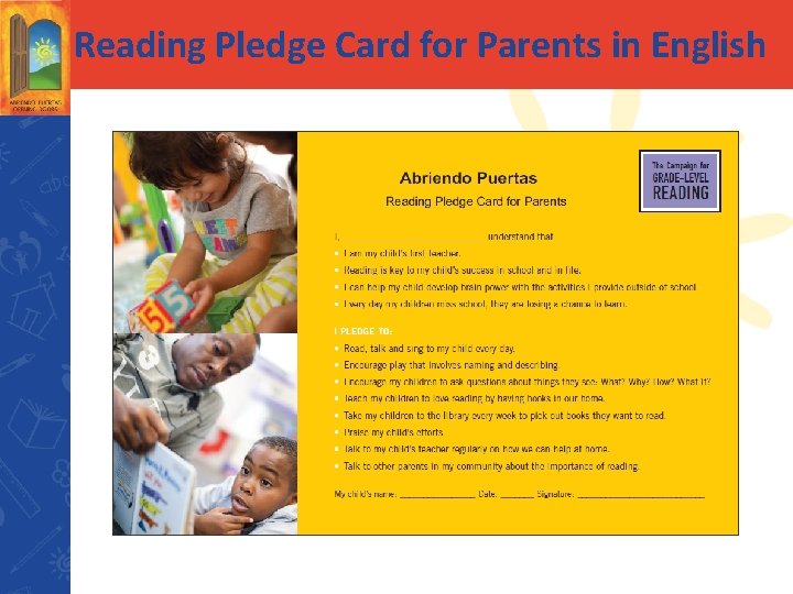 Reading Pledge Card for Parents in English 