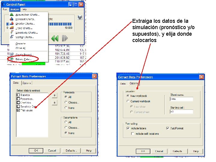 Extraiga los datos de la simulación (pronóstico y/o supuestos), y elija donde colocarlos 