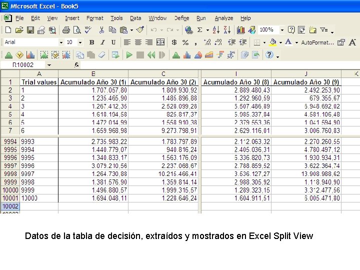 Datos de la tabla de decisión, extraídos y mostrados en Excel Split View 