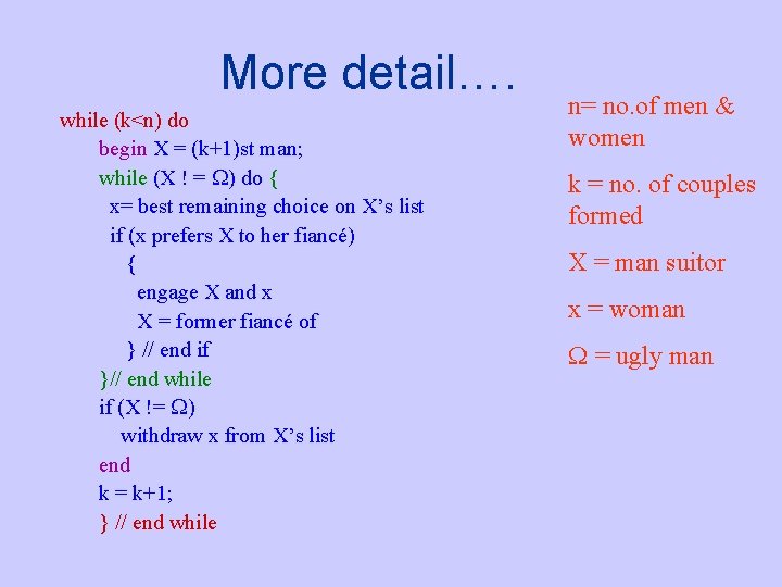 More detail…. while (k<n) do begin X = (k+1)st man; while (X ! =