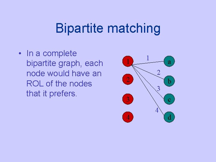 Bipartite matching • In a complete bipartite graph, each node would have an ROL