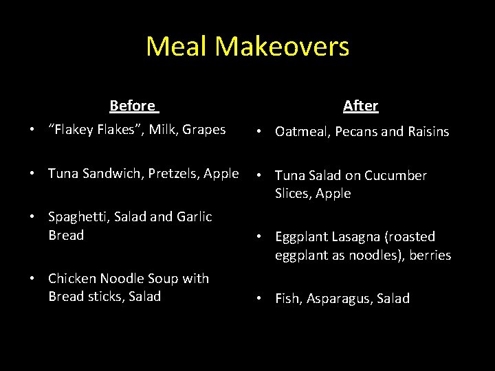 Meal Makeovers Before After • “Flakey Flakes”, Milk, Grapes • Oatmeal, Pecans and Raisins