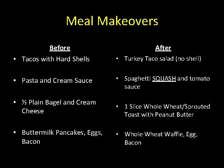 Meal Makeovers Before After • Tacos with Hard Shells • Turkey Taco salad (no