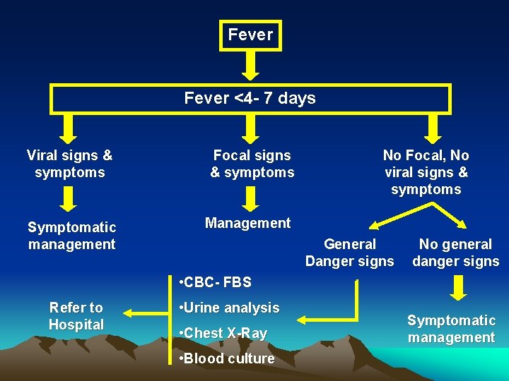 Fever <4 - 7 days Viral signs & symptoms Focal signs & symptoms Symptomatic