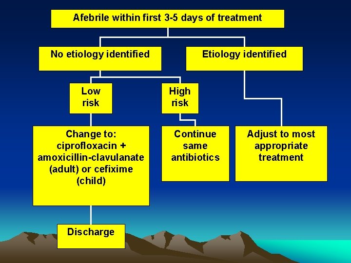Afebrile within first 3 -5 days of treatment No etiology identified Low risk Change
