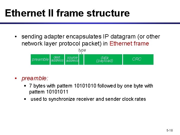 Ethernet II frame structure • sending adapter encapsulates IP datagram (or other network layer