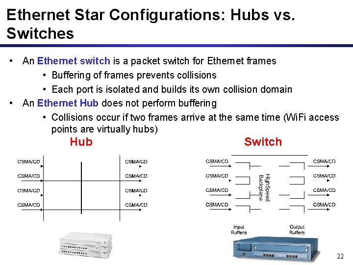 Ethernet Star Configurations: Hubs vs. Switches • An Ethernet switch is a packet switch