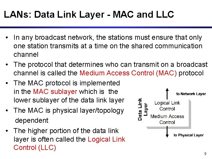 LANs: Data Link Layer - MAC and LLC • In any broadcast network, the