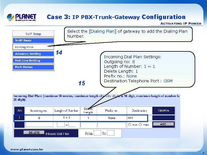 Case 3: IP PBX-Trunk-Gateway Configuration Select the [Dialing Plan] of gateway to add the