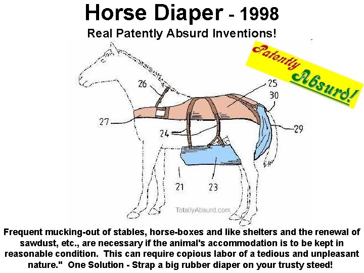 Horse Diaper - 1998 Real Patently Absurd Inventions! Frequent mucking-out of stables, horse-boxes and